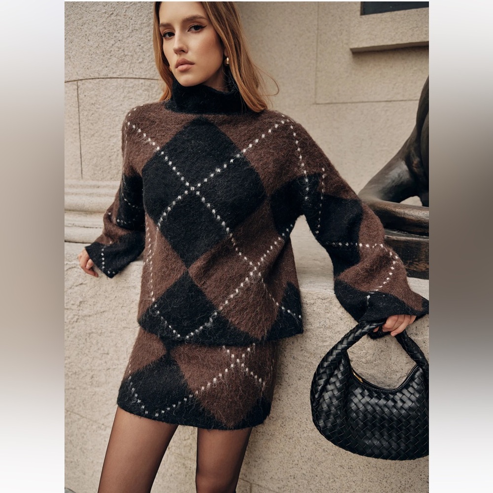 Argyle Wool Blend Sweater and Skirt Set